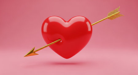 Red heart pierced by an arrow on a pink background. 3d renderingの素材