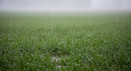 Raindrops on green grass. Selective focus, shallow depth of field.の素材