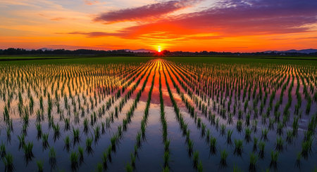 Rice seedlings in the field at sunset in Thailand, Asiaの素材