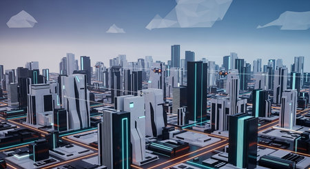 3D rendering of a futuristic city with skyscrapers and buildingsの素材