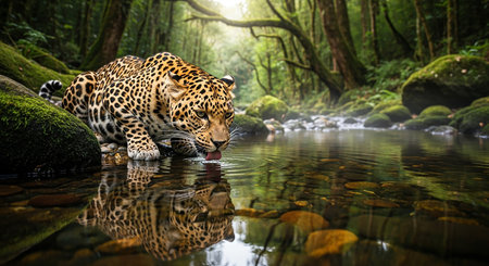 Leopard in the rainforest drinking water. Panthera oncaの素材