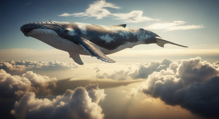 Humpback whale flying above the clouds. 3d render illustrationの素材