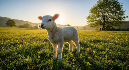 Cute lamb on a meadow at sunrise in the early springの素材