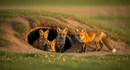 Group of Red Fox (Vulpes vulpes) in a holeの素材
