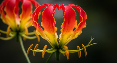 Close up of red and yellow lily flower with dark background.の素材