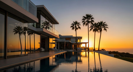 Luxury villa with swimming pool at sunset. Luxury homeの素材