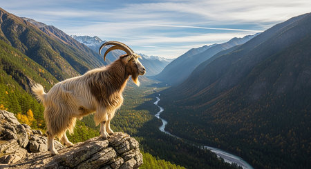 Mountain goat on the background of the valley and the river.の素材