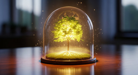 Green tree inside a glass dome. 3d rendering. Elements of this image furnished by NASAの素材