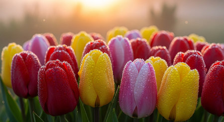 Colorful tulip flowers with dew drops in the field.の素材