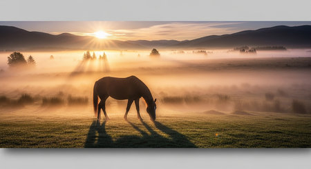 Horse in the meadow in the misty morning at sunriseの素材