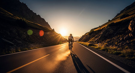 Cyclist on the road in the mountains at sunset. Sport and active life conceptの素材