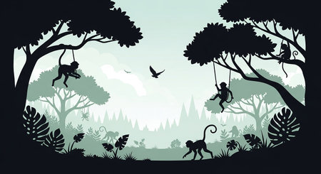 Silhouette of monkey and monkey in jungle background vector illustration.の素材