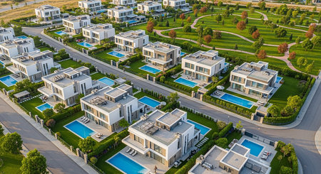Aerial view of luxury villas in Dubai, United Arab Emiratesの素材
