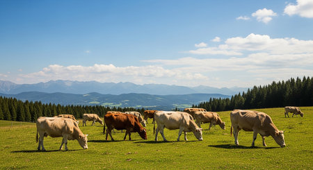 Herd of cows grazing on a green meadow in the mountainsの素材