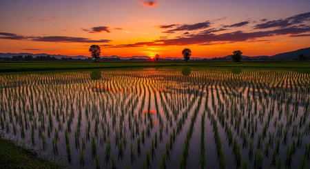 Rice seedlings in the rice field at sunset in Thailand.の素材