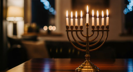 Religion image of jewish holiday Hanukkah background with menorah (traditional candelabra) and candlesの素材