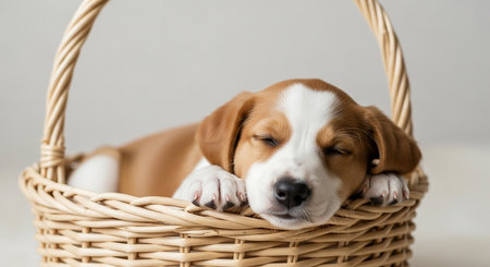 Beagle puppy sleeping in a wicker basket on a white backgroundの素材