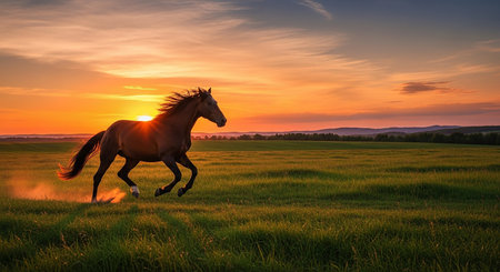 Horse running on a green meadow at sunset. Beautiful landscapeの素材