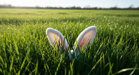 Easter bunny ears in the green grass. Spring holidays concept.の素材