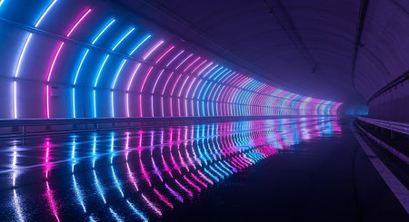 3d illustration of neon tunnel with glowing lights in blue and pinkの素材
