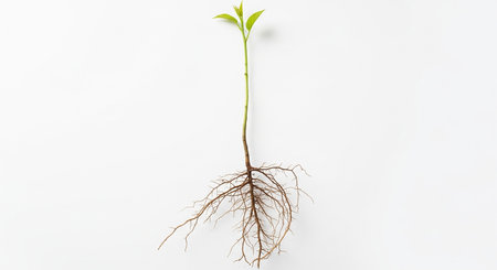 Green seedling with visible roots isolated on white background. Concept of new lifeの素材