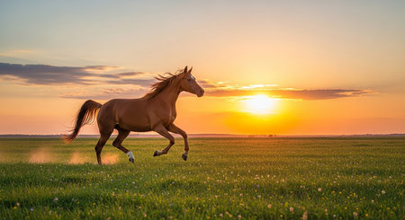 Horse run gallop on meadow at sunset. Beautiful nature landscapeの素材