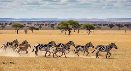 Zebras running in the savanna of Serengeti National Park, Tanzaniaの素材