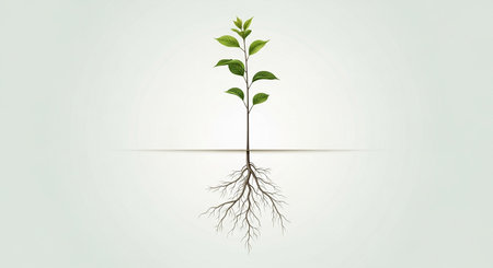 Green sprout with roots on a white background. Vector illustration.の素材