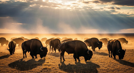 Buffalo herd in the grassland at sunset. Yellowstone National Park. USAの素材