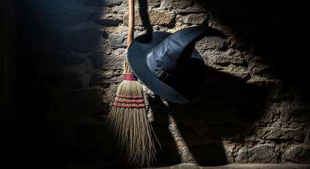 Witch's hat and broomstick on the old brick wall backgroundの素材
