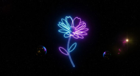 Neon flower in space with stars and planets. 3d renderingの素材