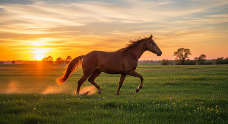Horse running on green meadow at sunset. Beautiful summer landscapeの素材