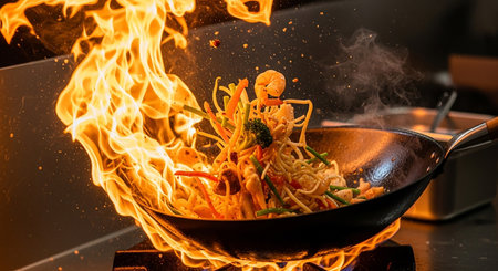 Fried noodles with shrimps and vegetables in a wokの素材