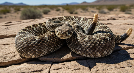 Close-up of a Western diamondback rattlesnake (Crotalus vittatus) resting on the ground in Namibiaの素材