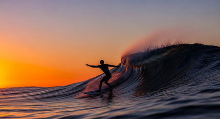 Surfer in ocean wave at sunset. 3d render illustration.の素材