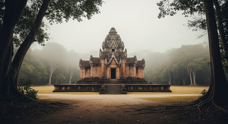 Ancient buddhist khmer temple in foggy day, Bagan, Myanmarの素材