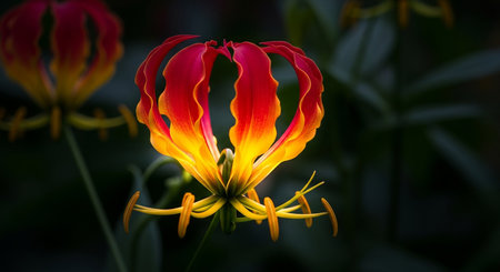 Close up of red and yellow flower in the garden with dark backgroundの素材