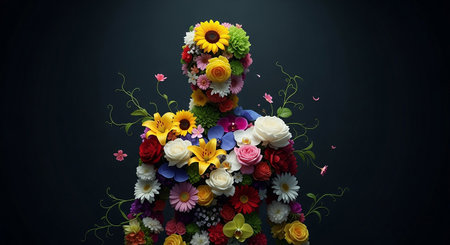 3d rendering of a woman made of flowers on a dark backgroundの素材