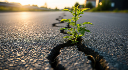 Green sprout growing from crack in asphalt road. Nature background.の素材