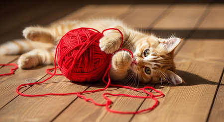 Cute ginger kitten playing with red ball of yarn on wooden floorの素材