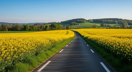 Country road through the rape field in spring, Czech Republic, Europe.の素材