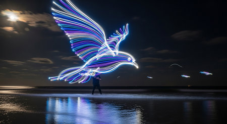 Man with wings on the beach at night. Light painting effect.の素材