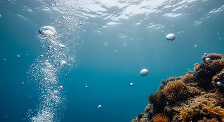 Underwater view of coral reef with corals and air bubbles.の素材