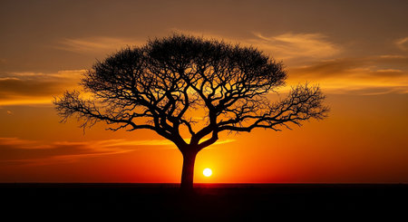 Silhouette of acacia tree at sunset. Africa, Kenyaの素材