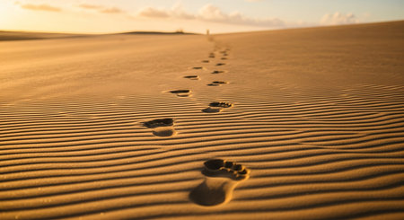 Footprints in the sand dunes at sunset. Natural background.の素材