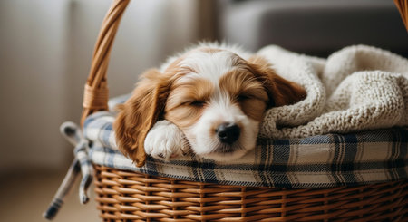 Cute puppy of Cavalier King Charles Spaniel in a basket.の素材