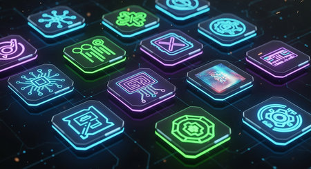 3D rendering of abstract glowing digital interface with icons on dark backgroundの素材