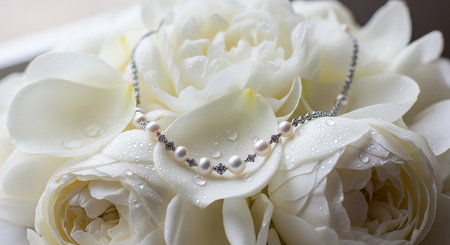 Wedding bouquet of white roses and a pearl necklace.の素材