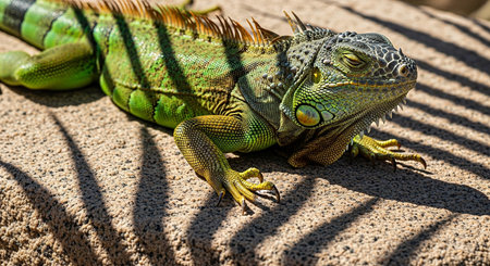 Green iguana on the ground, close-up, sunny dayの素材