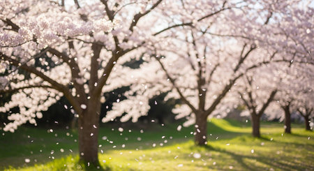Blossoming cherry trees in spring time. Blurred background.の素材